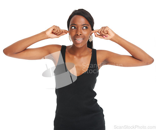 Image of Woman, block ears noise and studio stress social anxiety or mad, headache pain or hearing problem. African female model, white background and healthcare fatigue or work burnout, tinnitus or infection