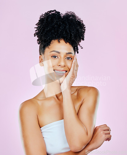 Image of Beauty, smile and portrait of woman in studio with hand touching glowing skin on pink background. Happy, face and female model satisfied with wellness, cosmetics and skincare, treatment or results