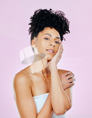 Image of Face, beauty and woman, natural and dermatology with clean skin, wellness and glow on pink background. Skincare, antiaging and cosmetics with self care, spa treatment and fresh with hygiene in studio