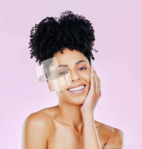 Image of Skincare, portrait and woman with natural beauty in studio for wellness, treatment or glow on pink background. Shine, smile and hands on face of female model with dermatology satisfaction or pamper