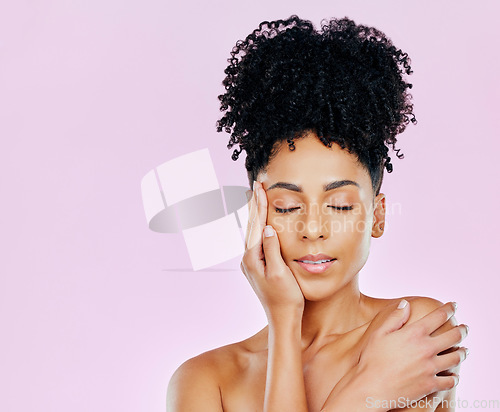 Image of Skincare, relax and woman with natural beauty in studio for wellness, treatment or glow on pink background. Calm, shine and hands on face of female model with dermatology satisfaction or results