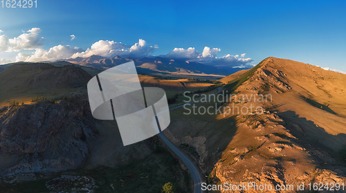 Image of Aerial view of road in beautiful autumn Altai mountains