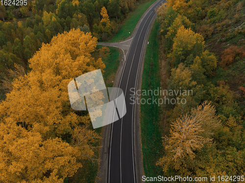 Image of Aerial view of road in beautiful autumn Altai forest