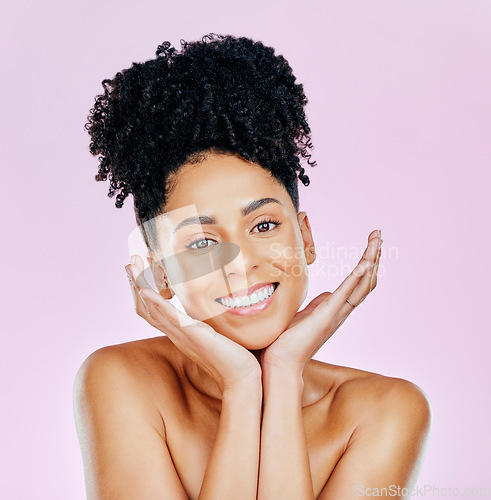 Image of Portrait, happy and woman in studio for natural beauty, wellness or cosmetic treatment on pink background. Smile, skincare and hands on face of lady model with dermatology result satisfaction or glow
