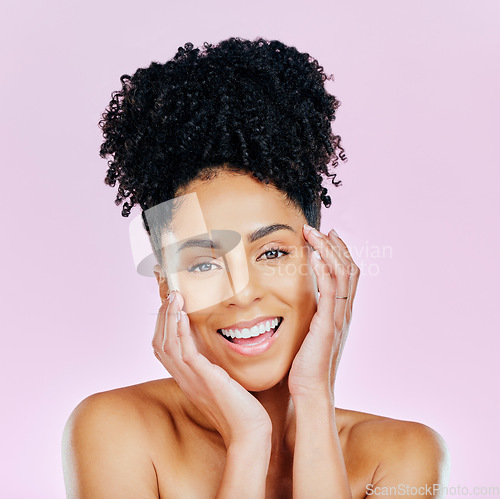 Image of Natural beauty, portrait and happy woman in studio for wellness, cosmetics or treatment on pink background. Smile, skincare and hands on face of female model excited for dermatology results or glow