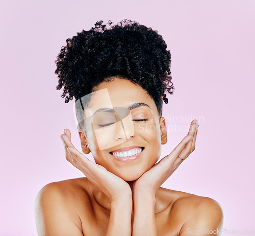 Image of Relax, skincare and woman with natural beauty in studio for wellness, treatment or glow on pink background. Happy, shine and hands on face of female model with dermatology satisfaction or results