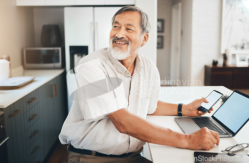 Image of Laptop, research and senior man in the kitchen networking on social media, website or the internet. Happy, technology and elderly Asian male person in retirement browsing on computer in modern home.