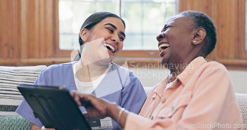 Image of Happy woman, doctor and tablet in elderly care or laughing for funny joke, social media or meme on sofa at home. Female person, nurse or medical caregiver smile with technology for fun entertainment