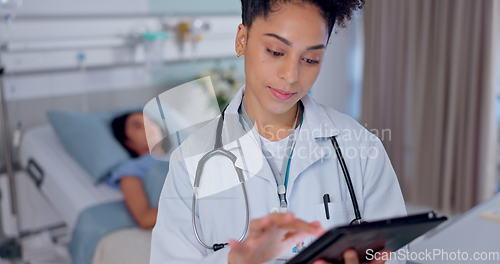 Image of Woman, doctor and tablet in research for medical, healthcare or Telehealth in communication at hospital. Female person, nurse or surgeon on technology for networking, study or online search at clinic