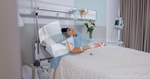 Image of Thinking, hospital bed and woman with stress, medical support and depression with healthcare. Person, girl and patient with depression, surgery and medicare with anxiety, virus and icu with illness