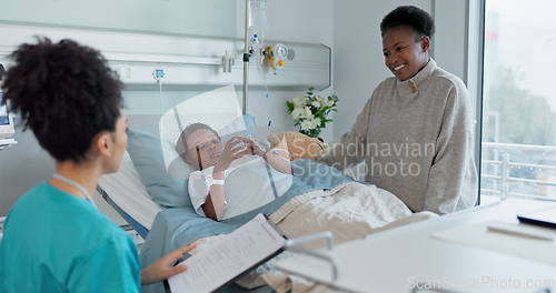 Image of Nurse, mother and son in a hospital for healthcare together during recovery with medical records. Medicine, family and children with people in a pediatrician clinic for rehabilitation or treatment