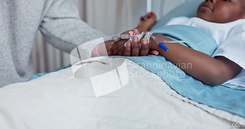 Image of Hospital, bed and parent holding hands with child for comfort, compassion and care with iv drip. Healthcare, family and support, love and trust for kid for medical service, wellness and treatment