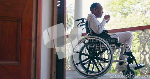 Image of Senior woman, tea and wheelchair with thinking, vision and ideas on balcony, morning and drink in retirement. Coffee, relax and elderly person with disability, coffee cup and wellness in nursing home