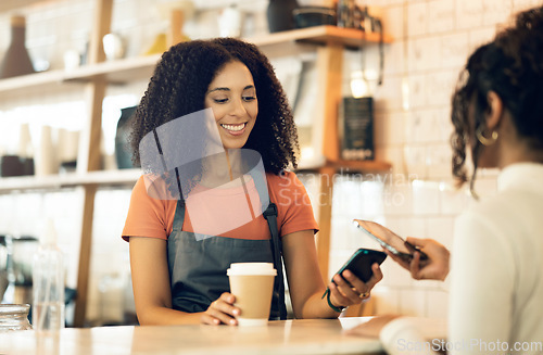 Image of Happy woman, pos and phone payment at cafe for customer transaction, tap or scan at checkout. Female person, barista or small business owner smile for electronic purchase, coffee or service at store