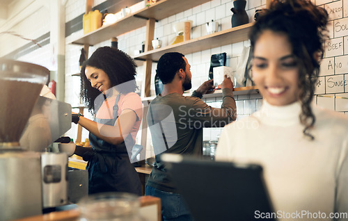 Image of Happy woman, tablet and team in small business at cafe for hospitality service at coffee shop. Female person, entrepreneur or restaurant owner smile with technology and barista in teamwork at store