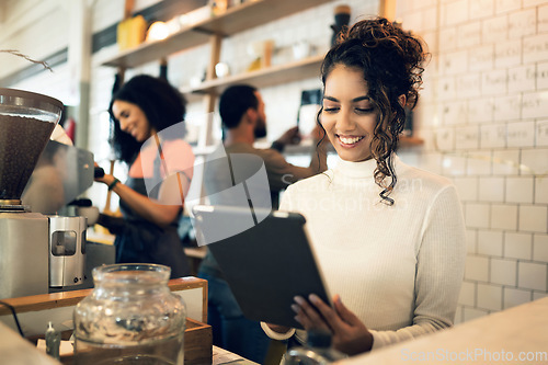 Image of Happy woman, tablet and small business at cafe in management, network or ownership at coffee shop. Female person, entrepreneur or restaurant owner smile with technology, team and barista in store