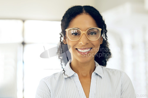 Image of Glasses, smile and shop portrait of woman for visual healthcare clinic, ophthalmology or retail eyewear. Optometrist face, eyeglasses and optician happy for lens frame, eyesight support or eye care