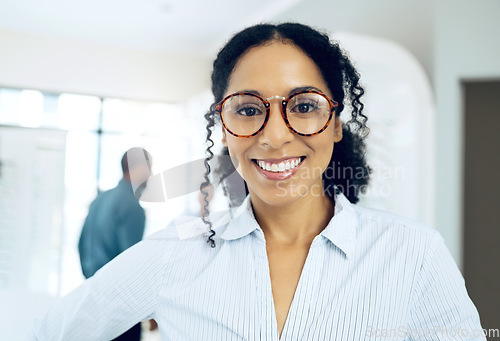 Image of Optometry store, glasses and portrait of happy woman, optician or customer for lens frame, retail choice or eyewear sales. Eye care clinic, optometry or face of optometrist smile for eyesight support