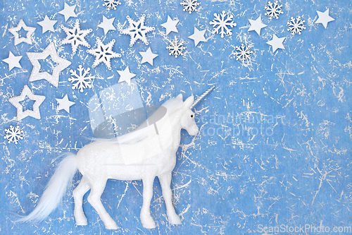 Image of Christmas Magical Unicorn Ornament Background with Decorations