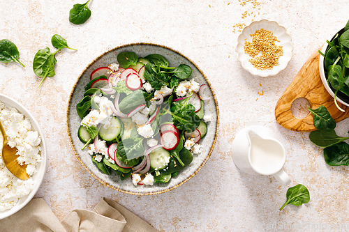 Image of Spinach and cottage cheese fresh green vegetable salad with radish, cucumber and yogurt, healthy diet food, top view