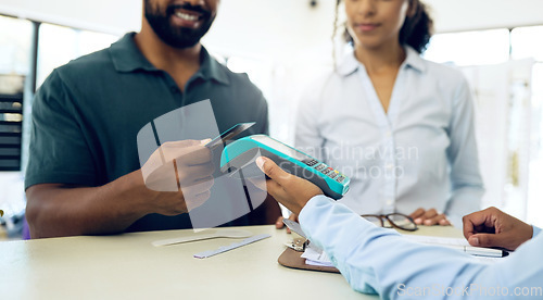 Image of Couple, card machine and POS, optometry and glasses store with digital, client and payment for finance and eye care. Health, retail and commerce, financial and people at clinic for vision and eyewear