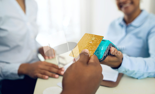 Image of Closeup, hand and payment with card or credit for purchase, service or product in medical office. Male, person and machine for digital, transaction and paperless for sale in space for appointment