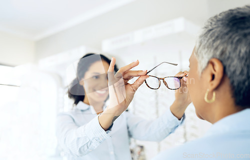 Image of Woman, doctor and optometry for glasses with patient after eye exam in space for prescription, health and wellness. Mature person, new and lens by consultation for ophthalmology, vision or glaucoma