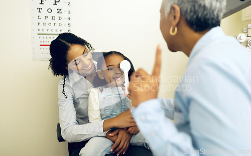 Image of Optometry, eye exam and optometrist with child and mother at a medical appointment for vision test. Health, wellness and senior optician with mom and girl kid patient with lenses in an optical clinic