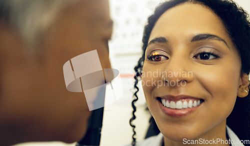 Image of Happy woman, face or eye doctor consulting to help eyesight at optometrist for a optical assessment. Optician, wellness or customer in test for vision, iris or retina health with laser technology