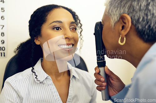 Image of Vision, woman and eye care with ophthalmoscope to check for glaucoma test, ocular healthcare and medical consulting. Optician, eyesight assessment and analysis of retina, happy patient and lens tools