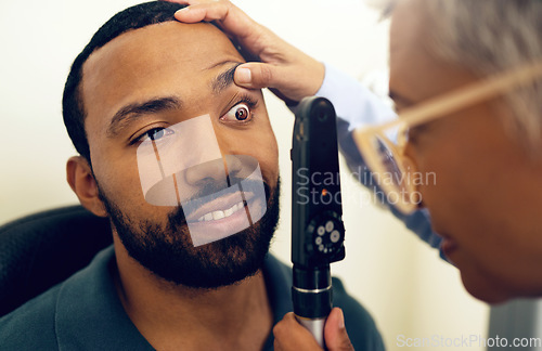 Image of Vision, patient eyes and optometrist with ophthalmoscope for glaucoma test, ocular healthcare and medical consultation. Optician, eyesight assessment and expert check retina of man with lens tools