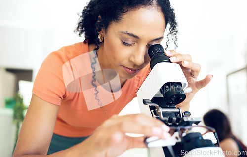 Image of Ophthalmology, woman on microscope and glasses for calibration, exam and frame correction. Diopter instrument, spectacles and serious optometrist test lens for vision, health and inspection in clinic