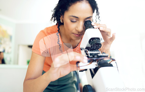 Image of Optometrist, woman on microscope and glasses for calibration, exam and frame correction. Diopter instrument, spectacles and ophthalmologist test lens for vision, healthcare and inspection in clinic