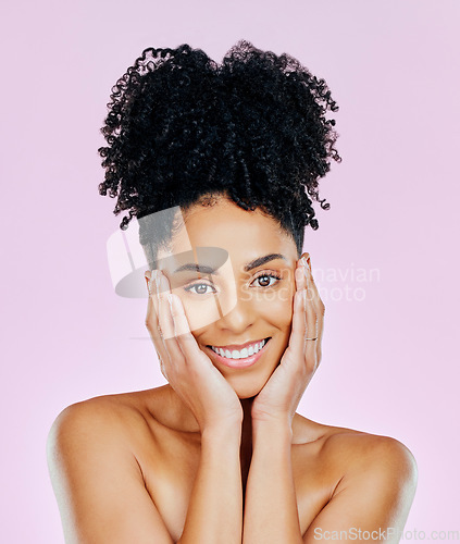 Image of Natural, beauty and woman with smile for cosmetic aesthetic isolated in studio pink background for wellness. Face, skincare an young person with dermatology facial treatment for clean and smooth skin