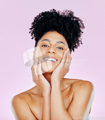 Image of Portrait, beauty and happy woman, natural and dermatology with clean skin, wellness and glow on pink background. Skincare, antiaging and cosmetics with self care, spa treatment and hygiene in studio