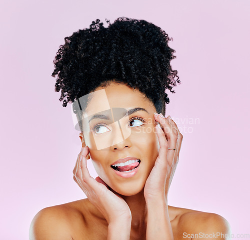 Image of Woman, thinking and studio for beauty with skincare in mockup on pink background for idea. African, person or female model with silly face for makeup of salon treatment, facial or hair with cosmetics