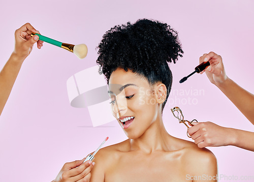 Image of Hands, thinking and a woman with makeup, tools and help on a pink background. Happy, skincare and a model or girl with people for cosmetics work, glow and facial beauty with a smile and artists