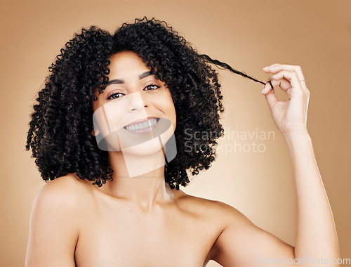 Image of Portrait, woman and pull hair for curly beauty, natural growth and coil texture in studio on brown background. Happy model, afro hairstyle and strand for salon aesthetic, healthy treatment and shine