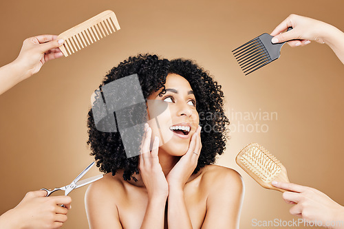 Image of Hair care, scissor and woman in studio with tools for curly, natural and salon treatment. Smile, beauty and model from Mexico with brush and comb for healthy hairstyle isolated by brown background.