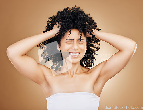 Image of Woman, hair crisis and stress, beauty fail and salon treatment regret with frustration on studio brown background. Haircare disaster, cosmetics with pain, growth or texture mistake with headache