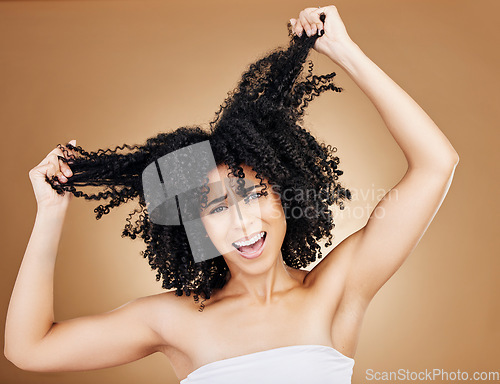 Image of Afro woman, hair problem and studio portrait of grooming care mistake, shampoo allergic reaction and frustrated with hairloss. Hairstyle disaster, frizz and face of person stress on brown background