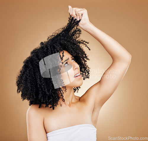 Image of Hair, curly and stress with woman in studio, damage or dry with treatment regret and wellness on brown background. Haircare fail, beauty crisis and curls with frizz problem, change and confused