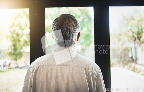 Image of Back, mature man and thinking by window, depression and anxiety alone in home. Rear view, retirement and sad person contemplating in house, planning future and remember memory, idea or reflection