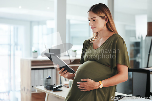 Image of Tablet, happy and pregnant business woman in office reading research information on internet. Maternity, smile and female designer from Canada with pregnancy work on digital technology in workplace.