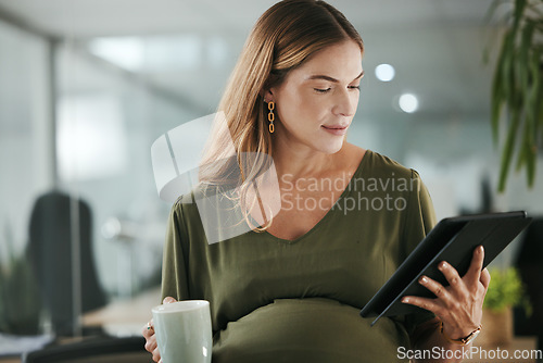 Image of Tablet, research and pregnant business woman in office reading information on internet. Maternity, coffee cup and female designer from Canada with pregnancy working on digital technology in workplace