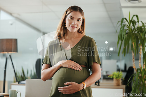 Image of Portrait, stomach and a pregnant business woman in her office at the start of her maternity leave from work. Company, belly and pregnancy with a happy young employee in the workplace for motherhood
