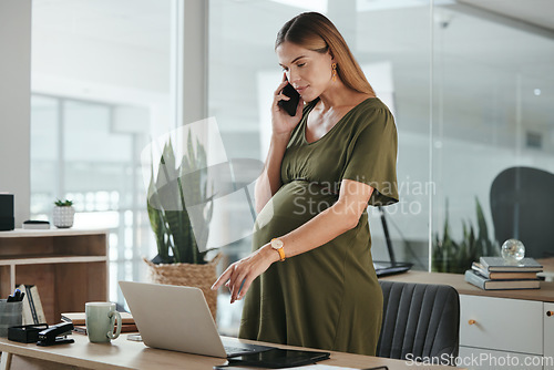 Image of Smartphone call, laptop and professional pregnant woman, admin or receptionist consulting on office schedule. Secretary, pregnancy web calendar and maternity employee speaking with cellphone contact