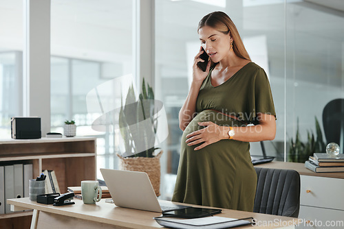 Image of Smartphone call, talking and professional pregnant woman, admin or receptionist consulting on baby development. Business secretary, pregnancy and maternity employee speaking with cellphone contact