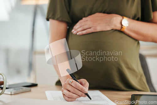 Image of Businesswoman, pregnant and writing on document in office for information, maternity leave or insurance with contract. Female person, mother and hand on stomach for comfort, love and caring for baby