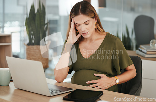 Image of Stress, headache and pregnant woman with laptop in office with vertigo, tension or pain. Pregnancy, burnout and female manager with brain fog, low energy or anxiety while online on project proposal